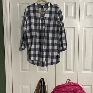 L.L. Bean Blue and White Washable Linen Plaid Shirt